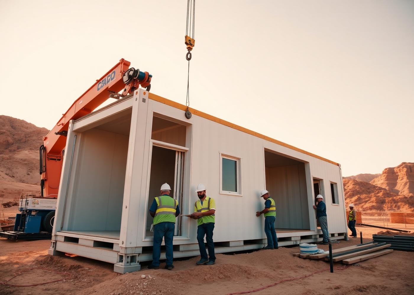 Workers installing a prefab module with a crane